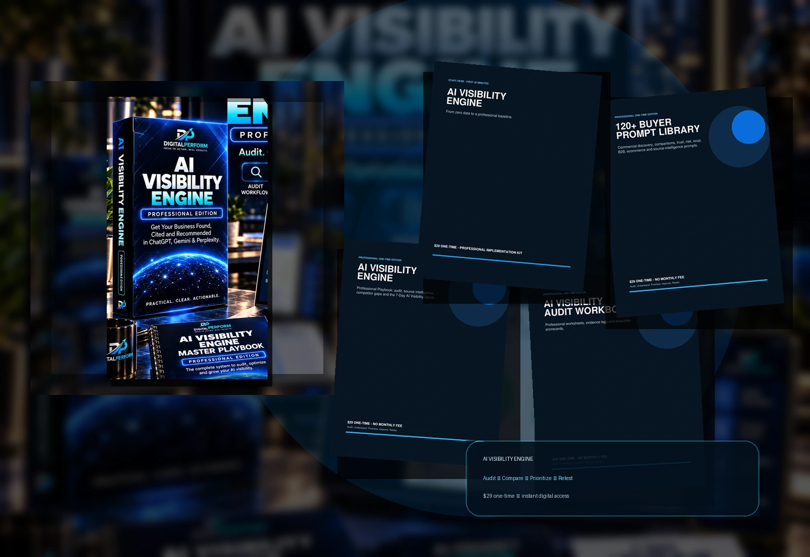 AI Visibility Engine professional product mockup and included working assets